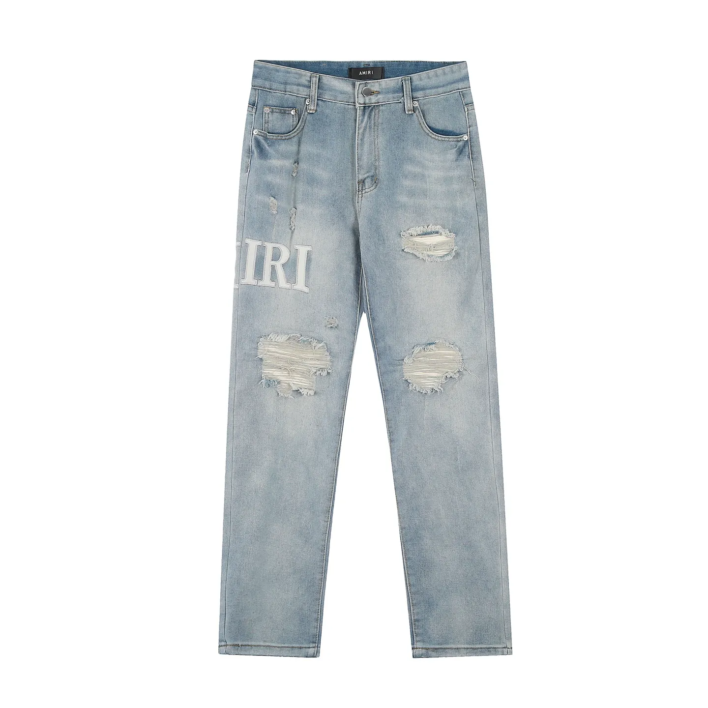 #M06 P168💰 AMIRI patch embroidery jeans trousers AMIRI high street basic ripped tight elastic jeans trousers amiri brand jeans break the production process and cutting of the original jeans, the fabrics are softer and more comfortable Hand-sewn collar label Customized logo buttons Genuine leather tag Color: blue Size: 30-32-34-36