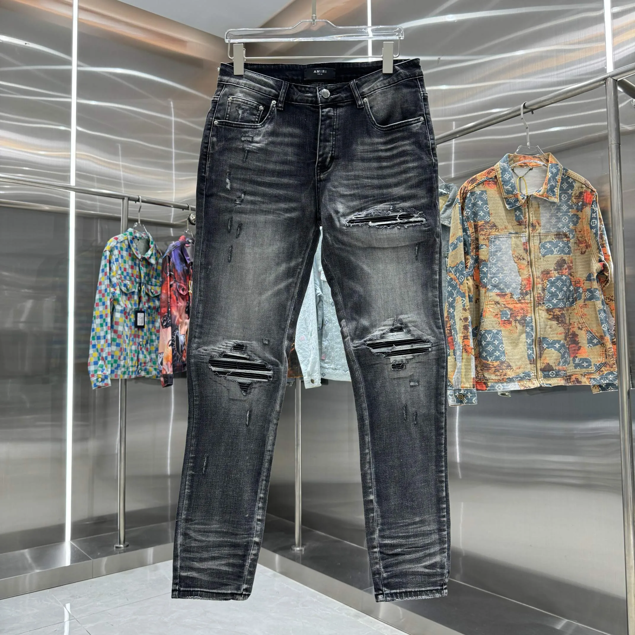 P290 Amiri ripped craft street fashion slim fit stretch jeans Color Black Size 30 32 34 36 38