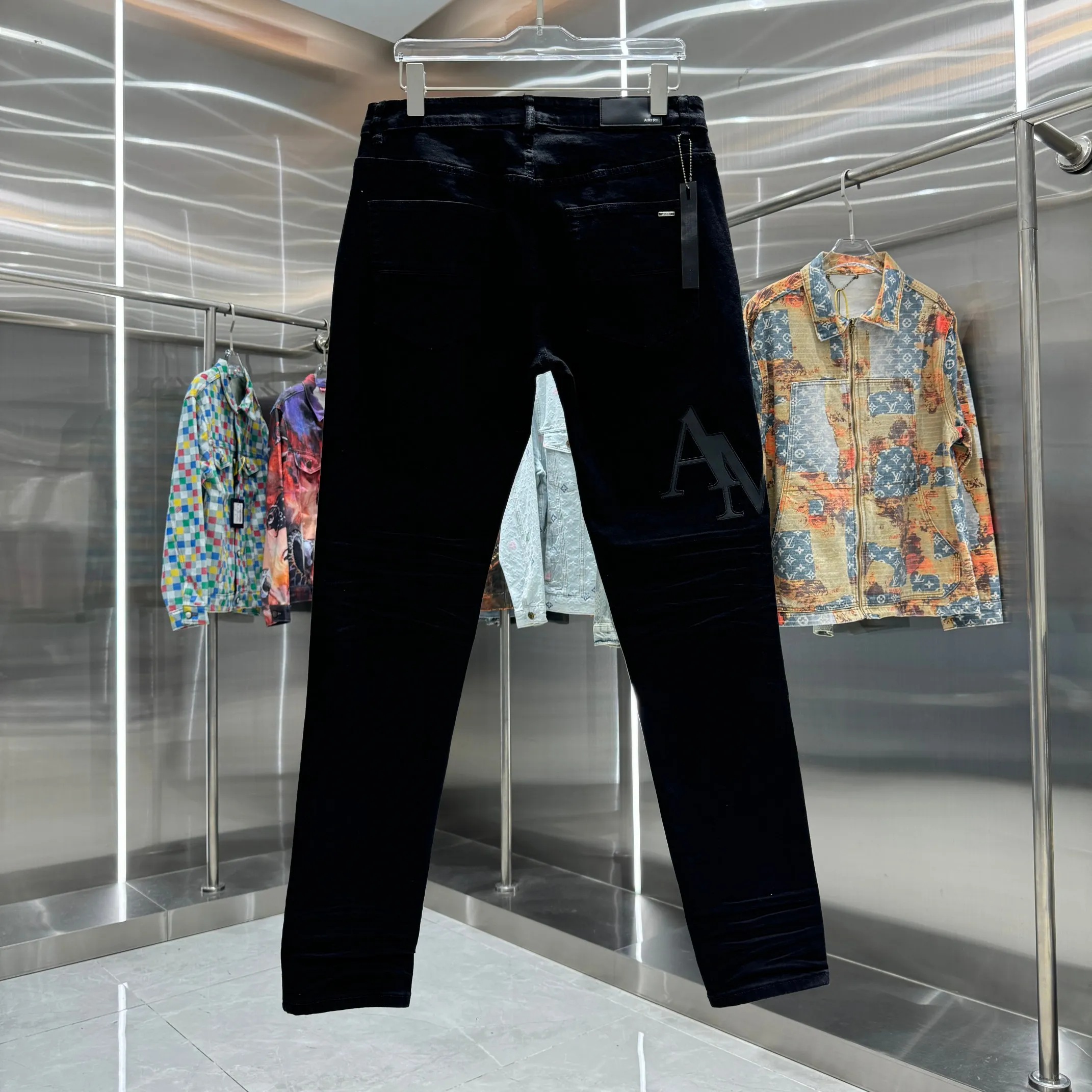 P290 Amiri letter patchwork leather embroidery craft street fashion slim fit stretch jeans Color Black Size 30 32 34 36 38