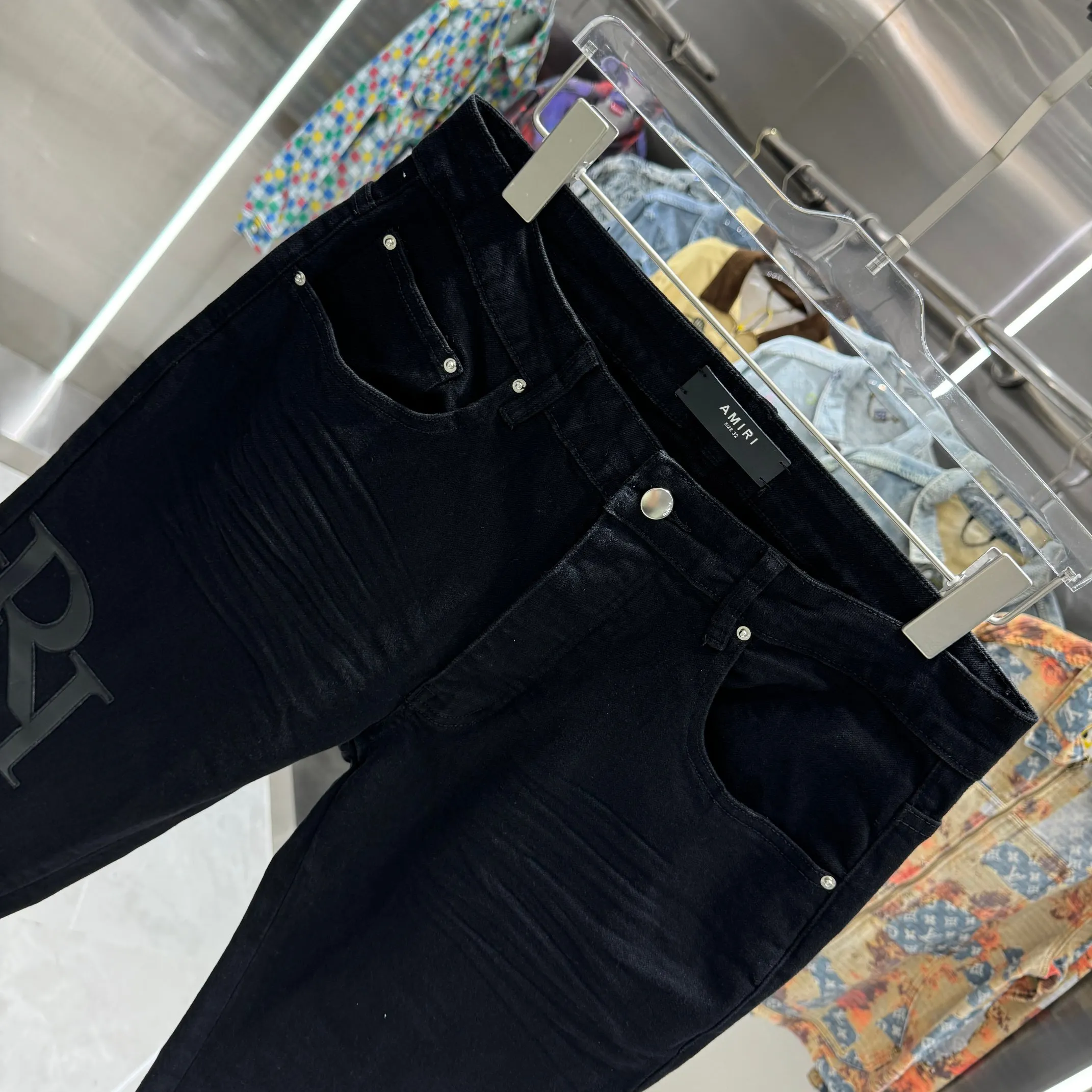 P290 Amiri letter patchwork leather embroidery craft street fashion slim fit stretch jeans Color Black Size 30 32 34 36 38