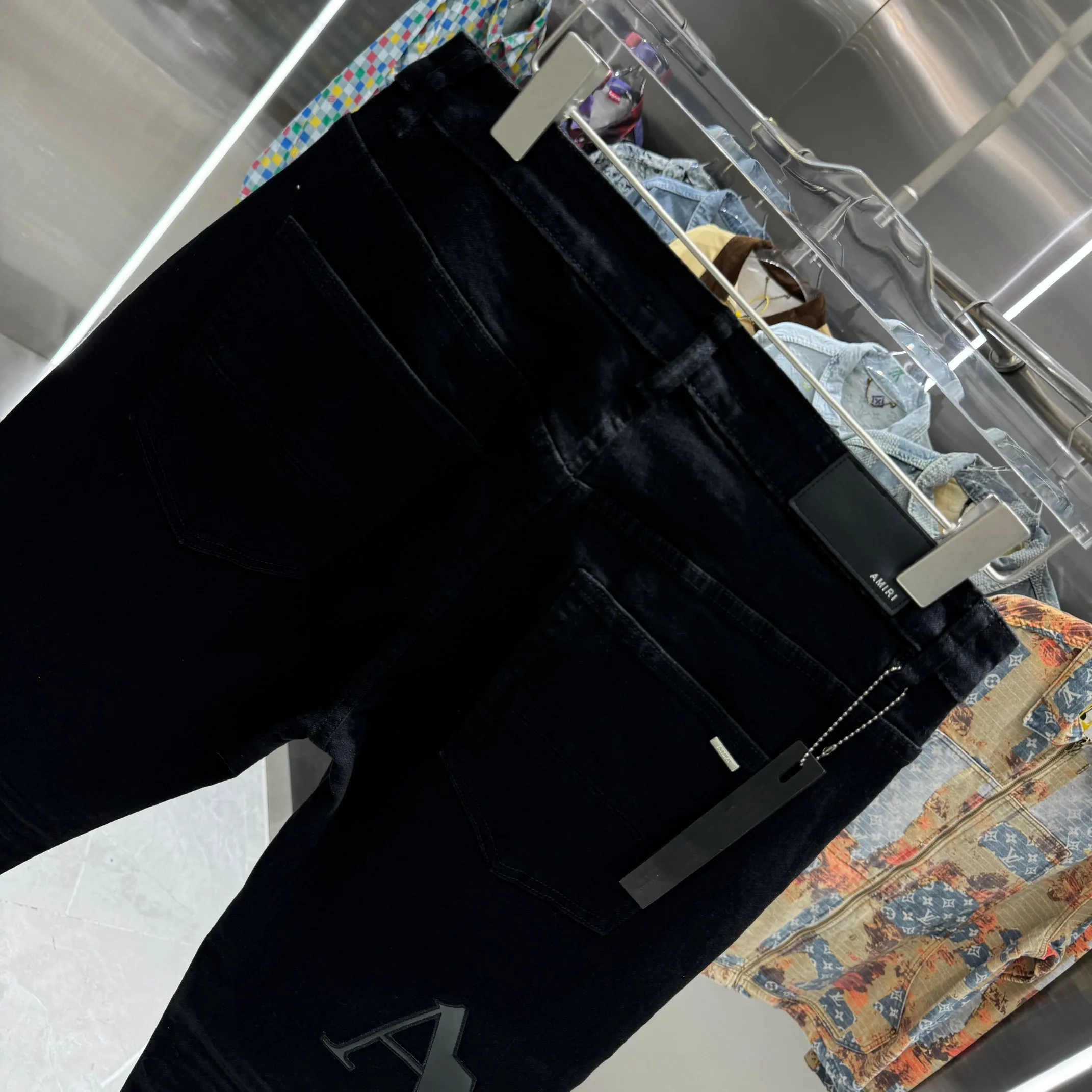 P290 Amiri letter patchwork leather embroidery craft street fashion slim fit stretch jeans Color Black Size 30 32 34 36 38