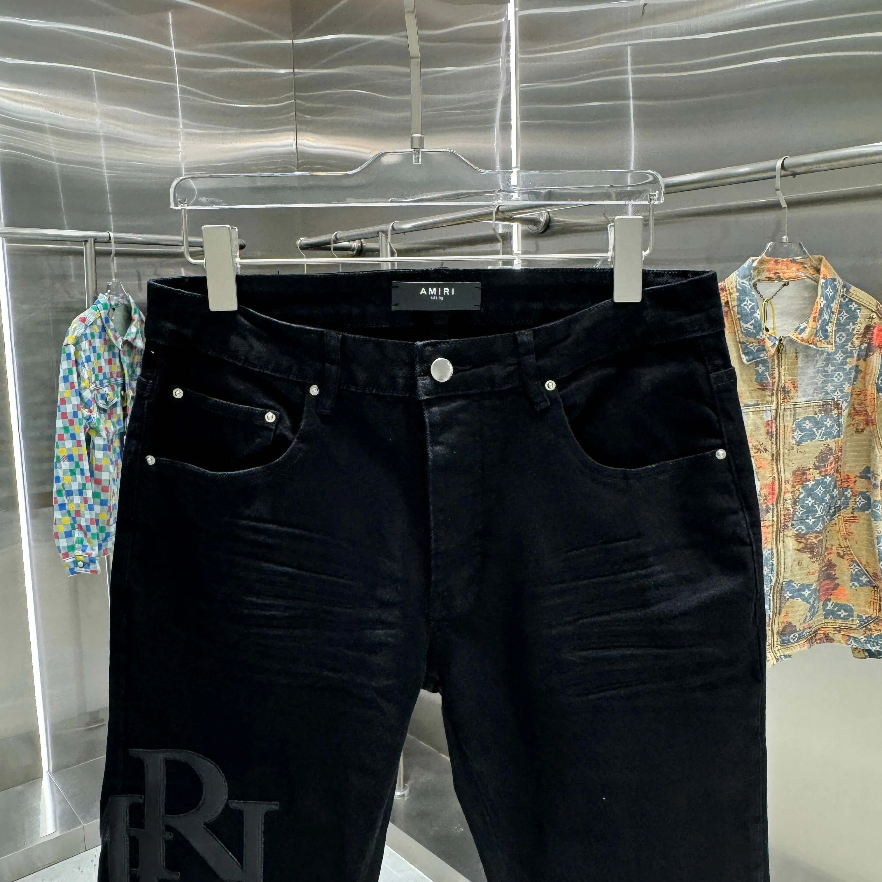 P290 Amiri letter patchwork leather embroidery craft street fashion slim fit stretch jeans Color Black Size 30 32 34 36 38
