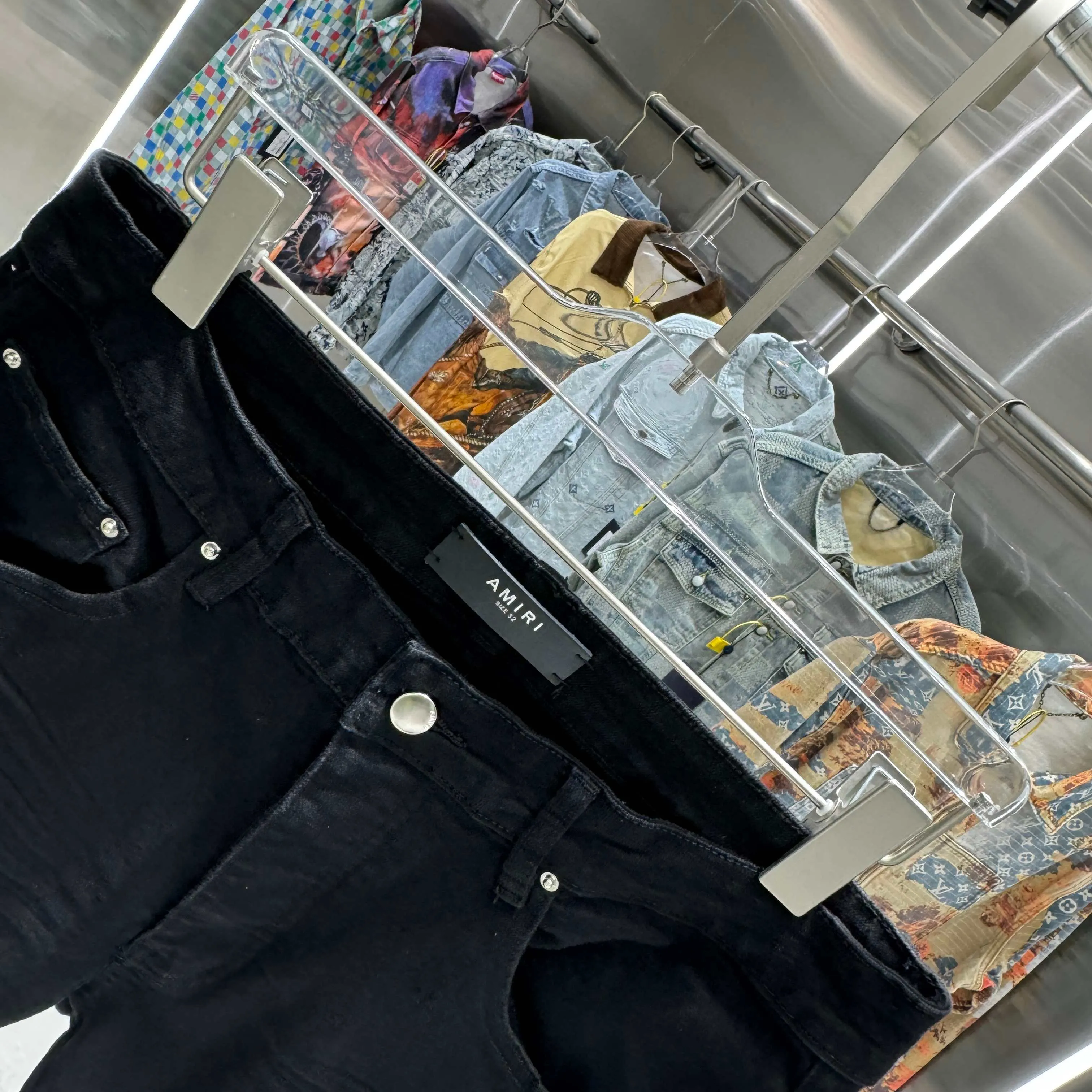 P290 Amiri letter patchwork leather embroidery craft street fashion slim fit stretch jeans Color Black Size 30 32 34 36 38