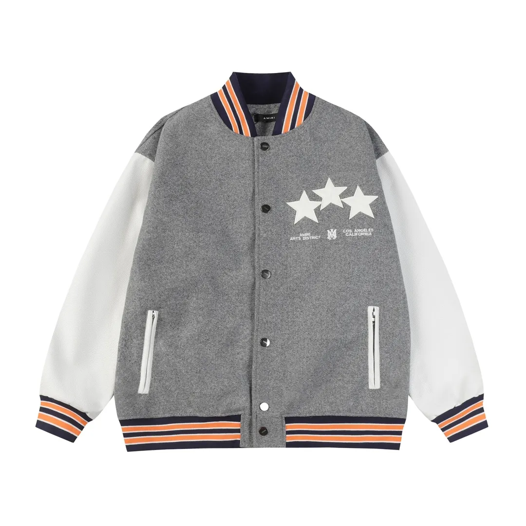 P370 Amiri2024ss Star ⭐ Baseball Jacket - Using laser burning patch technology, pocket hardware zipper design, full of uniqueness - 700g dragon and phoenix nylon and litchi pattern PU collide💥 Fashionable and versatile M L Xl xxl