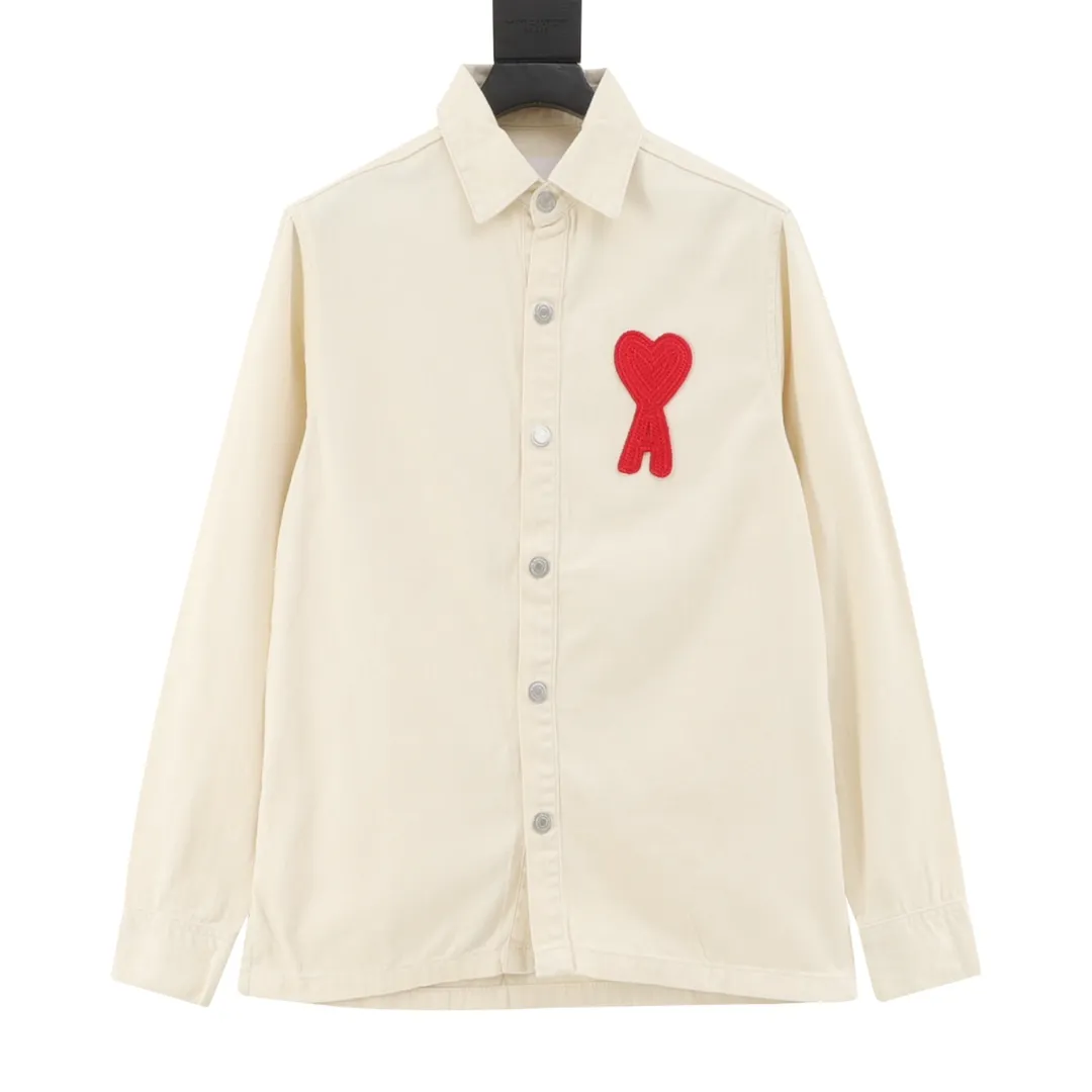 🅿️540 AMI PARIS 25 new autumn and winter woven love embroidered long-sleeved denim loose casual lapel jacket, buttons decorated with LOGO YP, can be worn by men and women, dropped shoulder length, color: apricot, apricot red heart, denim basket size: S-XL