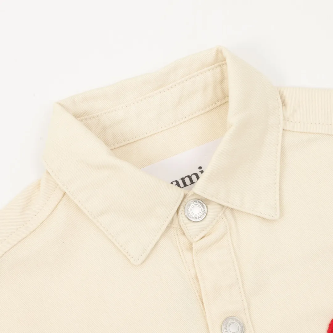 🅿️540 AMI PARIS 25 new autumn and winter woven love embroidered long-sleeved denim loose casual lapel jacket, buttons decorated with LOGO YP, can be worn by men and women, dropped shoulder length, color: apricot, apricot red heart, denim basket size: S-XL