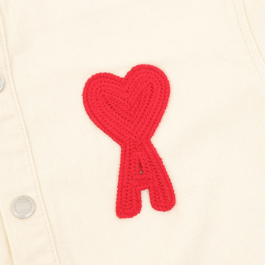 🅿️540 AMI PARIS 25 new autumn and winter woven love embroidered long-sleeved denim loose casual lapel jacket, buttons decorated with LOGO YP, can be worn by men and women, dropped shoulder length, color: apricot, apricot red heart, denim basket size: S-XL