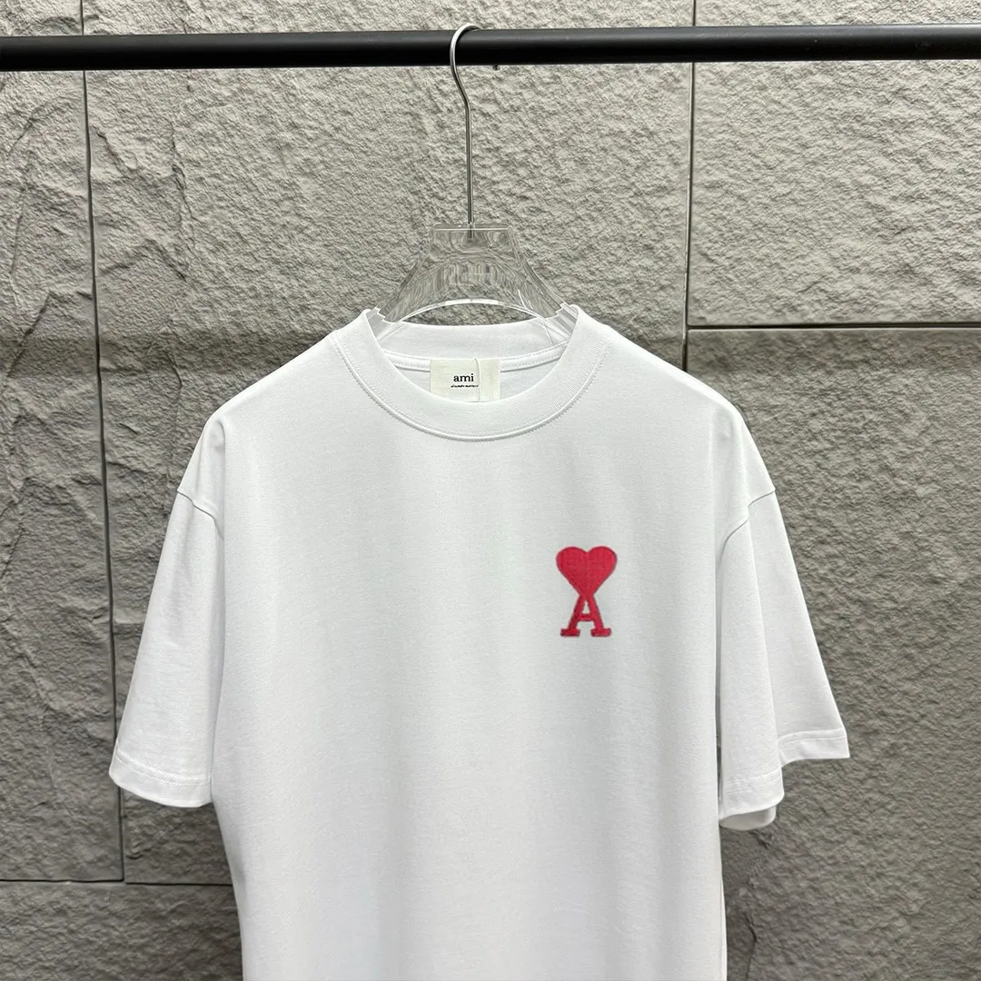 🅿️180 Ami* love embroidery 2025 spring and summer new style Big love A embroidered personalized letters Customized double yarn plain cotton fabric Short-sleeved T-shirt Uniform for men and women Color: white floral gray black Size: S (90-130 pounds) M (120-150 pounds) L (140-165 pounds) XL (160-180 pounds) XXL (180-210 pounds)