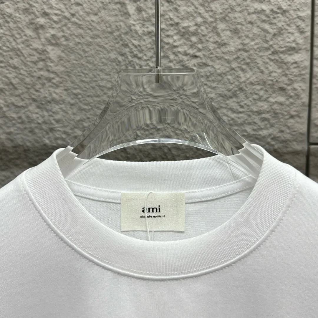 🅿️180 Ami* love embroidery 2025 spring and summer new style Big love A embroidered personalized letters Customized double yarn plain cotton fabric Short-sleeved T-shirt Uniform for men and women Color: white floral gray black Size: S (90-130 pounds) M (120-150 pounds) L (140-165 pounds) XL (160-180 pounds) XXL (180-210 pounds)