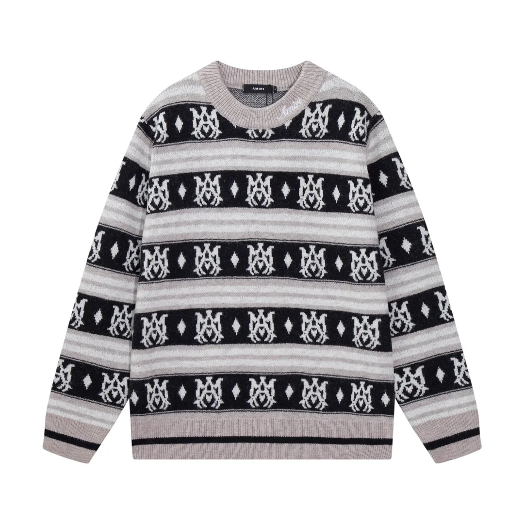 P300 AMIRI new style neckline personalized logo embroidered jacquard seahorse wool sweater Color: Gray Green Size: S M L XL XXL