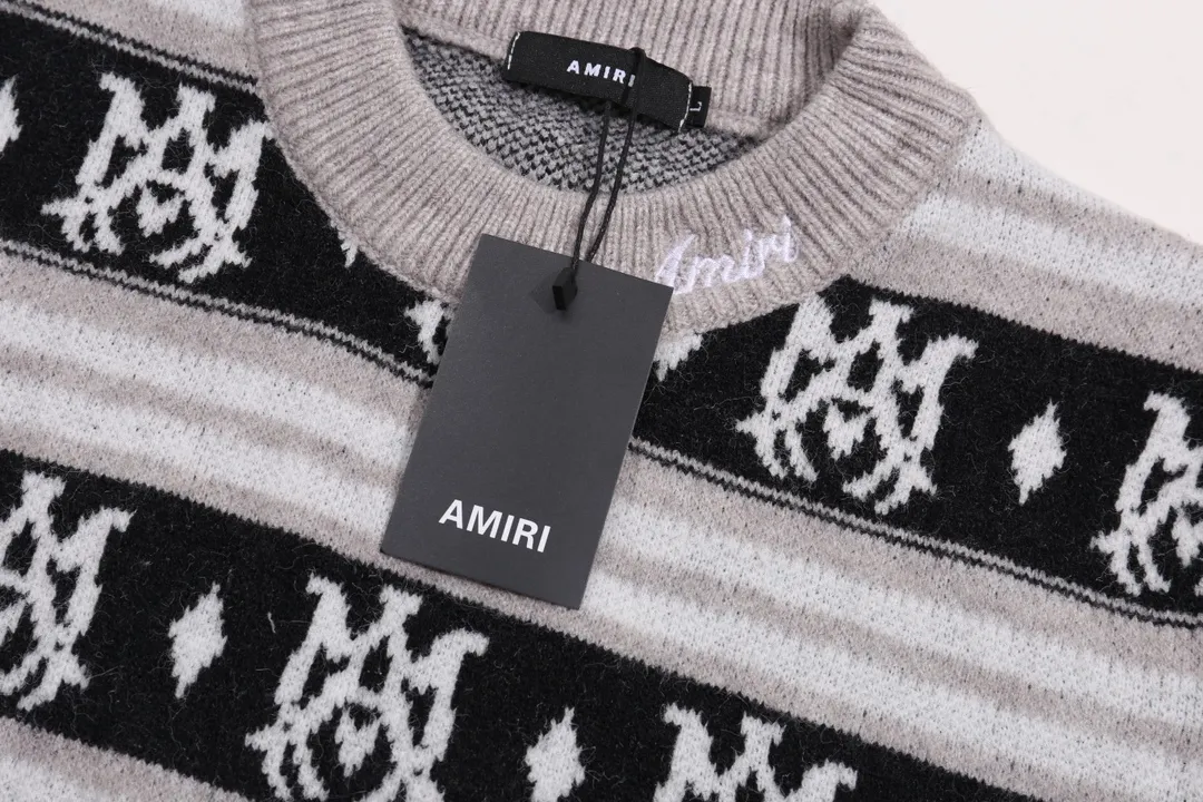 P300 AMIRI new style neckline personalized logo embroidered jacquard seahorse wool sweater Color: Gray Green Size: S M L XL XXL