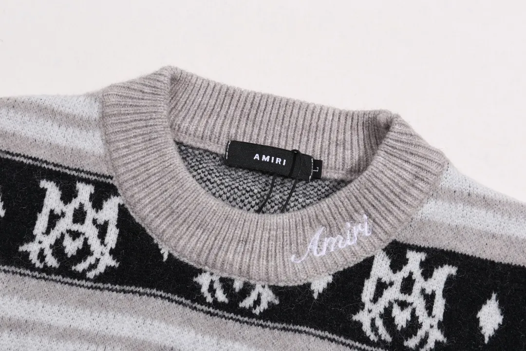 P300 AMIRI new style neckline personalized logo embroidered jacquard seahorse wool sweater Color: Gray Green Size: S M L XL XXL