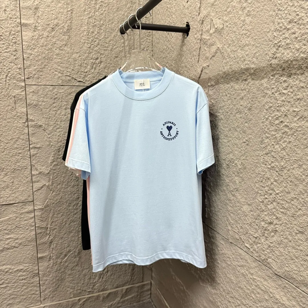 🅿️180 Ami* 2025 Spring and Summer New Style Embroidered Circle Little Love Customized Double Yarn Plain Cotton Fabric Short Sleeve T-shirt Unisex Color: Black White Light Blue Light Pink Size: S (90-130 catties) M (120-150 catties) L (140-165 catties) XL (160-180 catties) XXL (180-210 pounds)