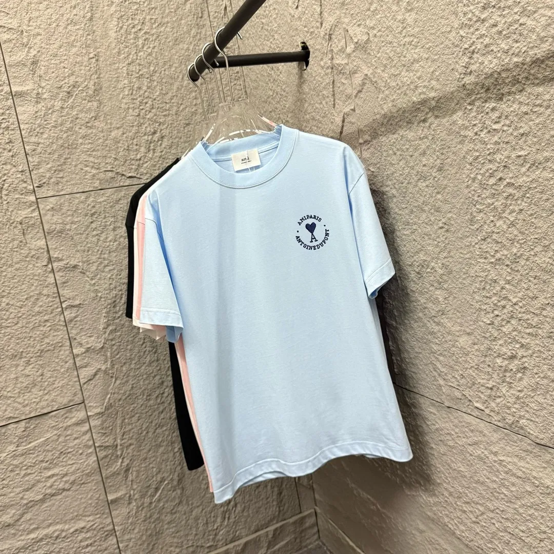 🅿️180 Ami* 2025 Spring and Summer New Style Embroidered Circle Little Love Customized Double Yarn Plain Cotton Fabric Short Sleeve T-shirt Unisex Color: Black White Light Blue Light Pink Size: S (90-130 catties) M (120-150 catties) L (140-165 catties) XL (160-180 catties) XXL (180-210 pounds)