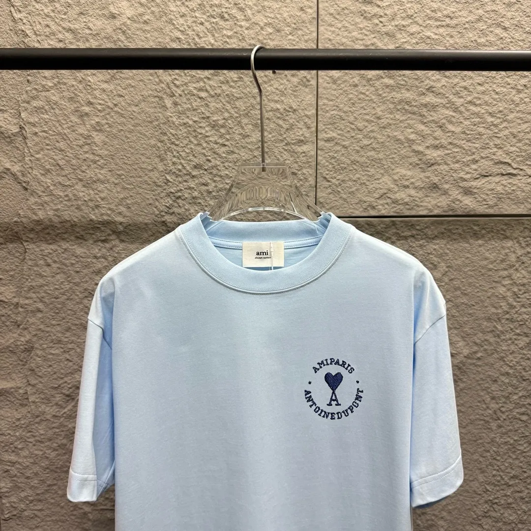 🅿️180 Ami* 2025 Spring and Summer New Style Embroidered Circle Little Love Customized Double Yarn Plain Cotton Fabric Short Sleeve T-shirt Unisex Color: Black White Light Blue Light Pink Size: S (90-130 catties) M (120-150 catties) L (140-165 catties) XL (160-180 catties) XXL (180-210 pounds)