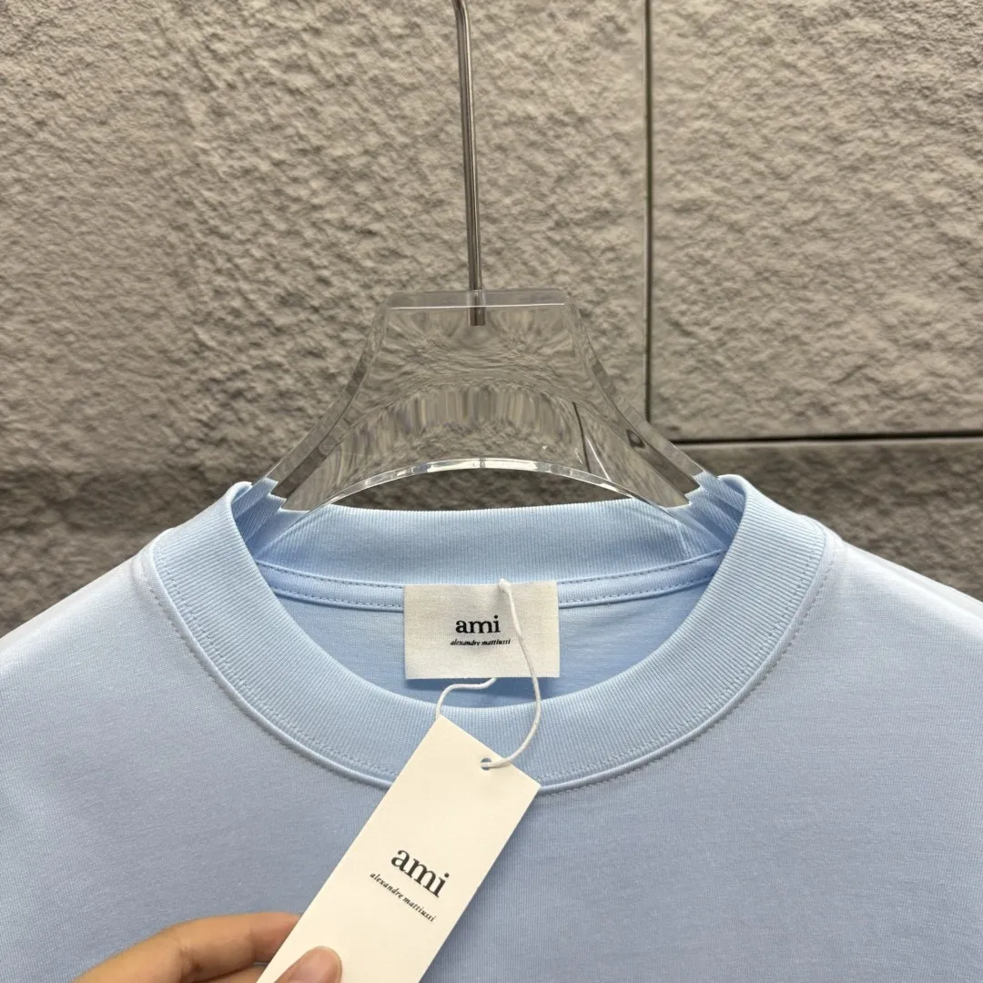 🅿️180 Ami* 2025 Spring and Summer New Style Embroidered Circle Little Love Customized Double Yarn Plain Cotton Fabric Short Sleeve T-shirt Unisex Color: Black White Light Blue Light Pink Size: S (90-130 catties) M (120-150 catties) L (140-165 catties) XL (160-180 catties) XXL (180-210 pounds)