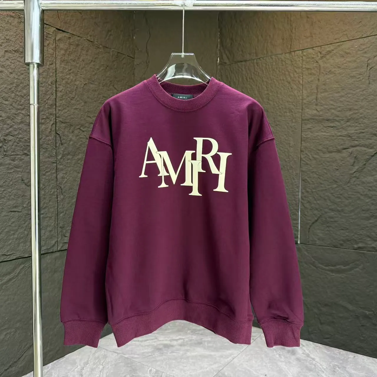 P200 AMIRI* 2025 autumn and winter new round neck sweatshirt 400g terry cotton letter logo three-dimensional foam Color: Black White Gray Purple Size: S M L XL XXL
