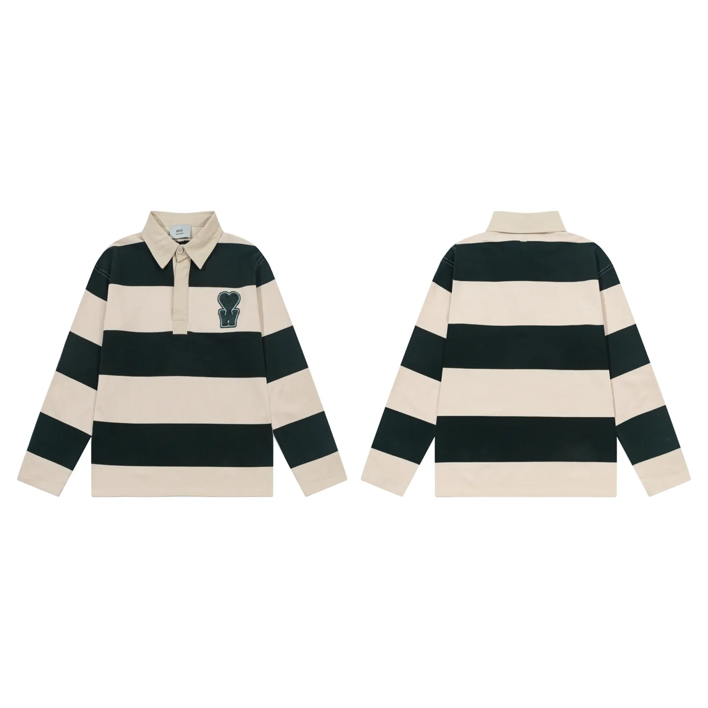 662# AMI Paris [Co-branded by Choi Woo-sik] Co-branded logo WDC contrasting logo woven ADC stripes POL collar embroidery on the chest Cotton solid color long-sleeved Oxford shirt collar sweatshirt material Customized from the original board 280g pure cotton fabric YP customized Loose fit Uniform style for men and women Color: Dark green/Apricot Size S-XL