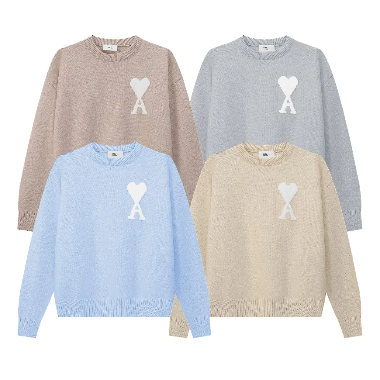 🅿️200 AM11# Ami2023 new color matching cloud round neck sweater, soft and waxy customized wool with super gentle cloud color matching, the upper body is absolutely fairy-like, highly recommended size: S, M, L, XL color: glacier blue, cloud gray, light khaki, light cream yellow