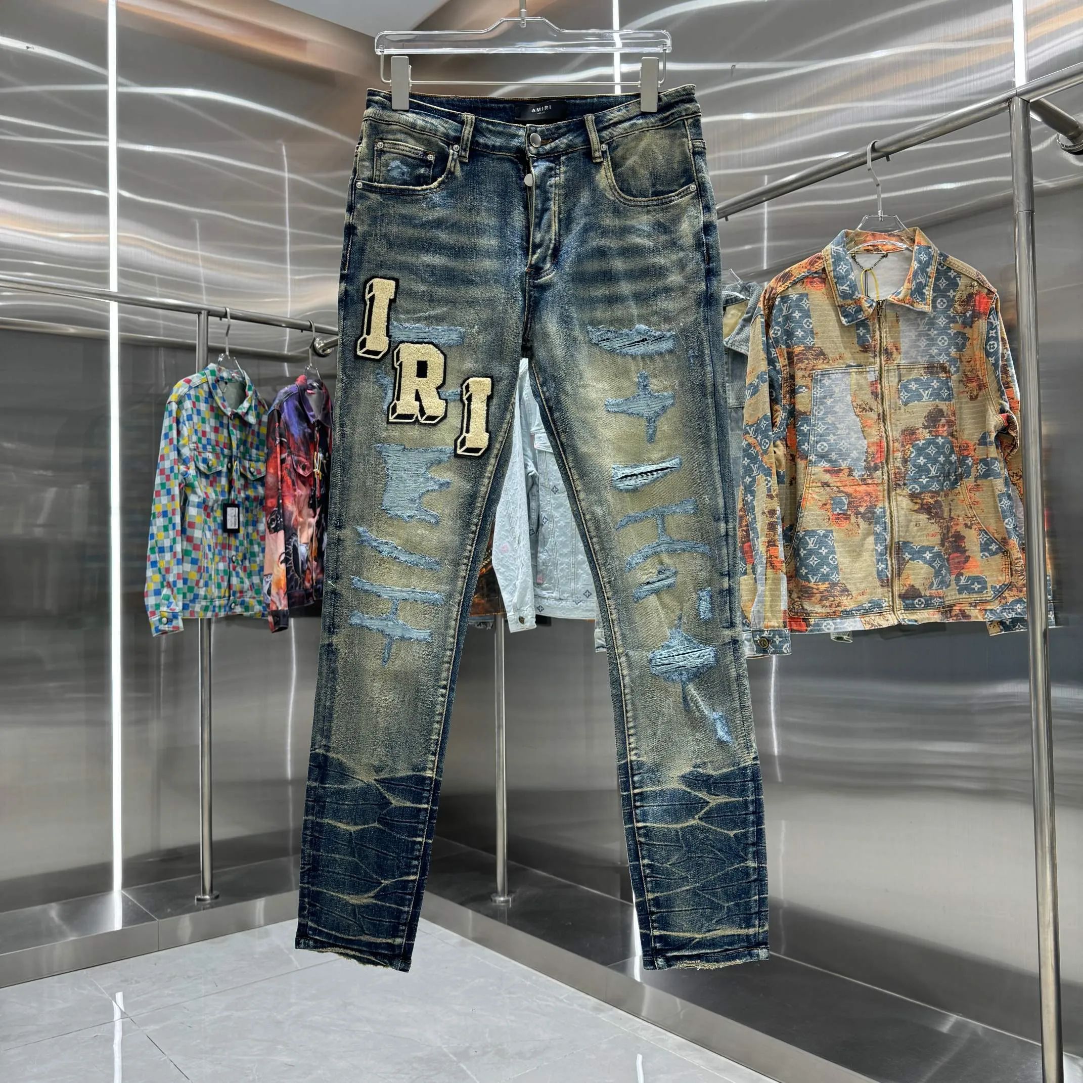 P290 Amiri ripped straight velvet embroidery craft street fashion slim fit stretch jeans Color Blue Size 30 32 34 36 38