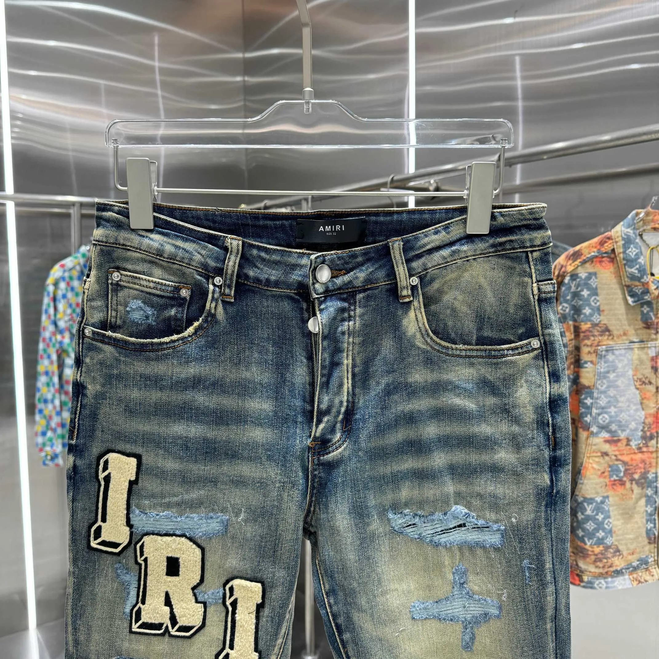 P290 Amiri ripped straight velvet embroidery craft street fashion slim fit stretch jeans Color Blue Size 30 32 34 36 38