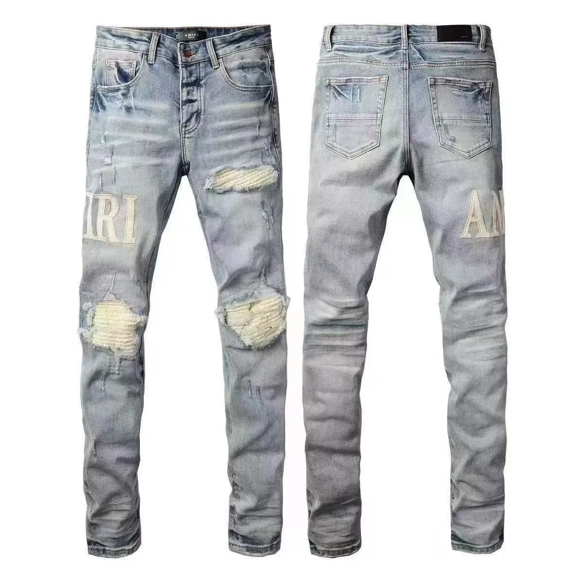 #M06 P168💰 AMIRI patch embroidery jeans trousers AMIRI high street basic ripped tight elastic jeans trousers amiri brand jeans break the production process and cutting of the original jeans, the fabrics are softer and more comfortable Hand-sewn collar label Customized logo buttons Genuine leather tag Color: blue Size: 30-32-34-36