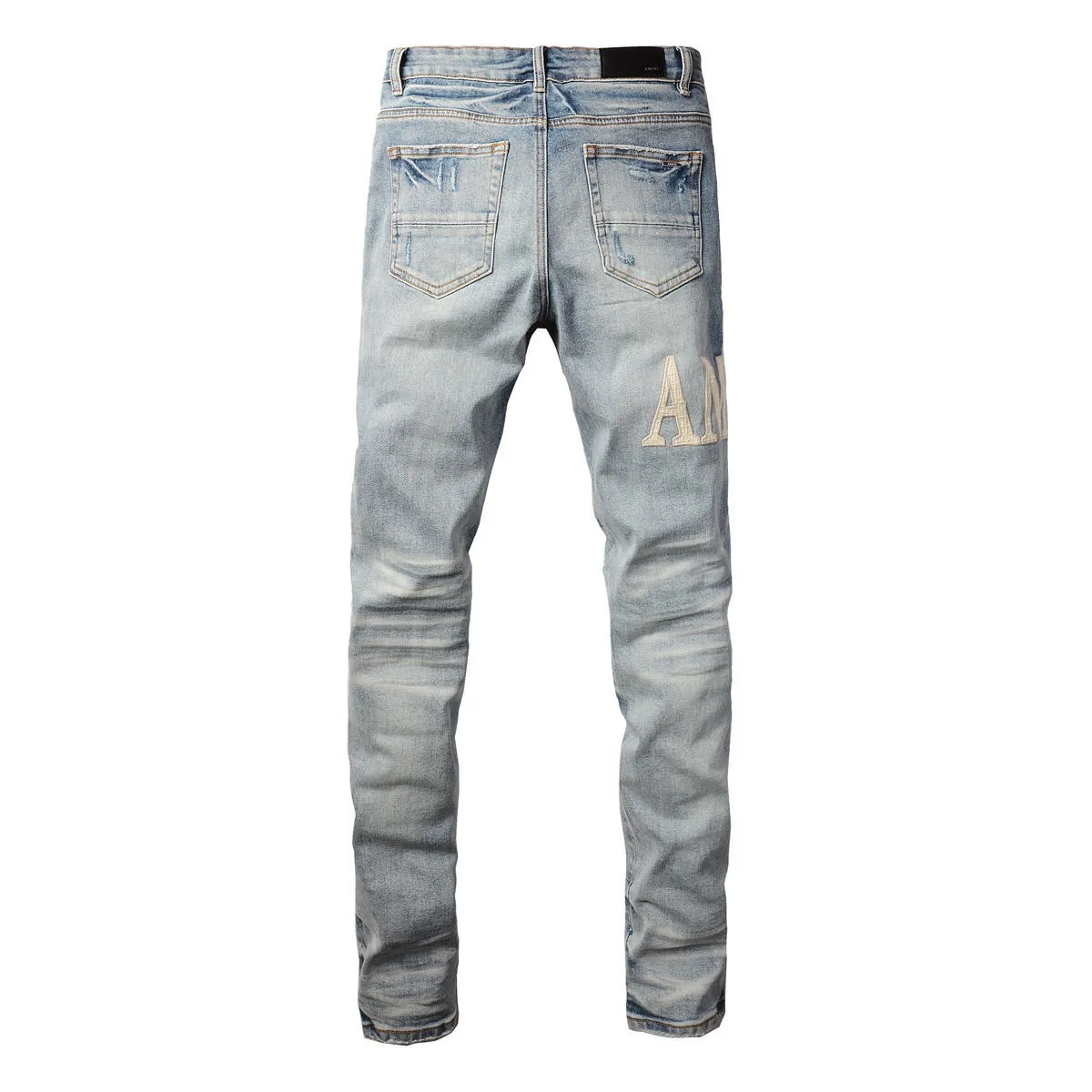 #M06 P168💰 AMIRI patch embroidery jeans trousers AMIRI high street basic ripped tight elastic jeans trousers amiri brand jeans break the production process and cutting of the original jeans, the fabrics are softer and more comfortable Hand-sewn collar label Customized logo buttons Genuine leather tag Color: blue Size: 30-32-34-36