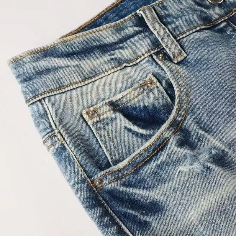 #M06 P168💰 AMIRI patch embroidery jeans trousers AMIRI high street basic ripped tight elastic jeans trousers amiri brand jeans break the production process and cutting of the original jeans, the fabrics are softer and more comfortable Hand-sewn collar label Customized logo buttons Genuine leather tag Color: blue Size: 30-32-34-36