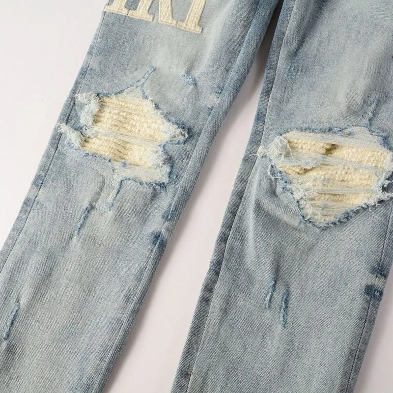#M06 P168💰 AMIRI patch embroidery jeans trousers AMIRI high street basic ripped tight elastic jeans trousers amiri brand jeans break the production process and cutting of the original jeans, the fabrics are softer and more comfortable Hand-sewn collar label Customized logo buttons Genuine leather tag Color: blue Size: 30-32-34-36