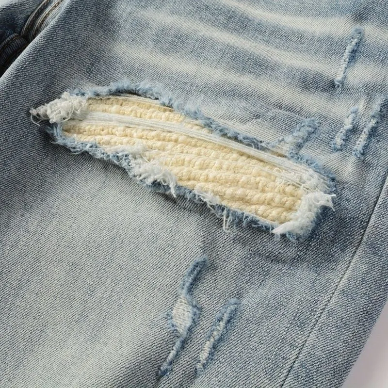 #M06 P168💰 AMIRI patch embroidery jeans trousers AMIRI high street basic ripped tight elastic jeans trousers amiri brand jeans break the production process and cutting of the original jeans, the fabrics are softer and more comfortable Hand-sewn collar label Customized logo buttons Genuine leather tag Color: blue Size: 30-32-34-36