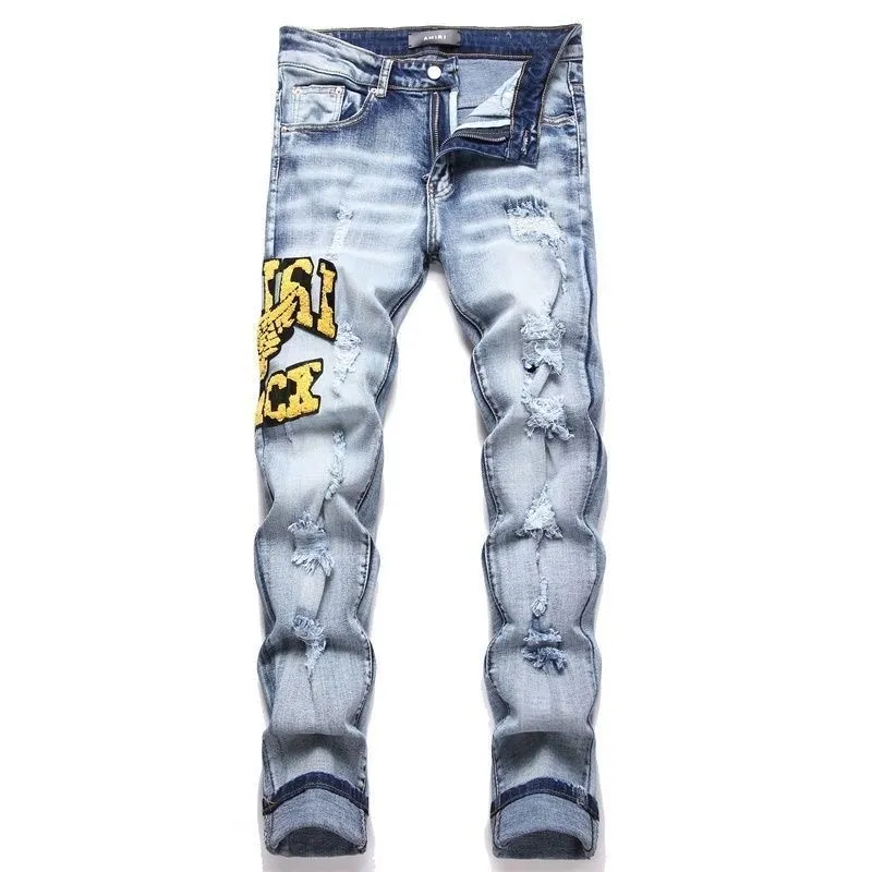 #M14 P168💰 Heavyweight AMIRI 24ss embroidery wings high street jeans slim fit stretch washed knife cut hole trousers FOG high street men's trend AMIRI amiri is transliterated as Emil, which is the name of the founder. Mike Amiri, the founder of amiri, grew up in Los Angeles, USA, and was influenced by local street culture and Punk Rock since he was a child. Due to his influence, he founded the amiri brand named after himself. A variety of trendy clothing meets the needs of different fashion players. Amiri clothing has novel and unique styles and is a well-known street brand in the United States. The styles and styles of many clothes are loved by many street photographers. The various clothing styles meet the dressing needs of different people, show their unique temperament, and show the trend of dressing. amiri's jeans are relatively famous. Not only do they have many styles, but the quality of the jeans is also very good. Many celebrities have also worn amiri brand jeans. Color: Picture color Size: 30-32-34-36