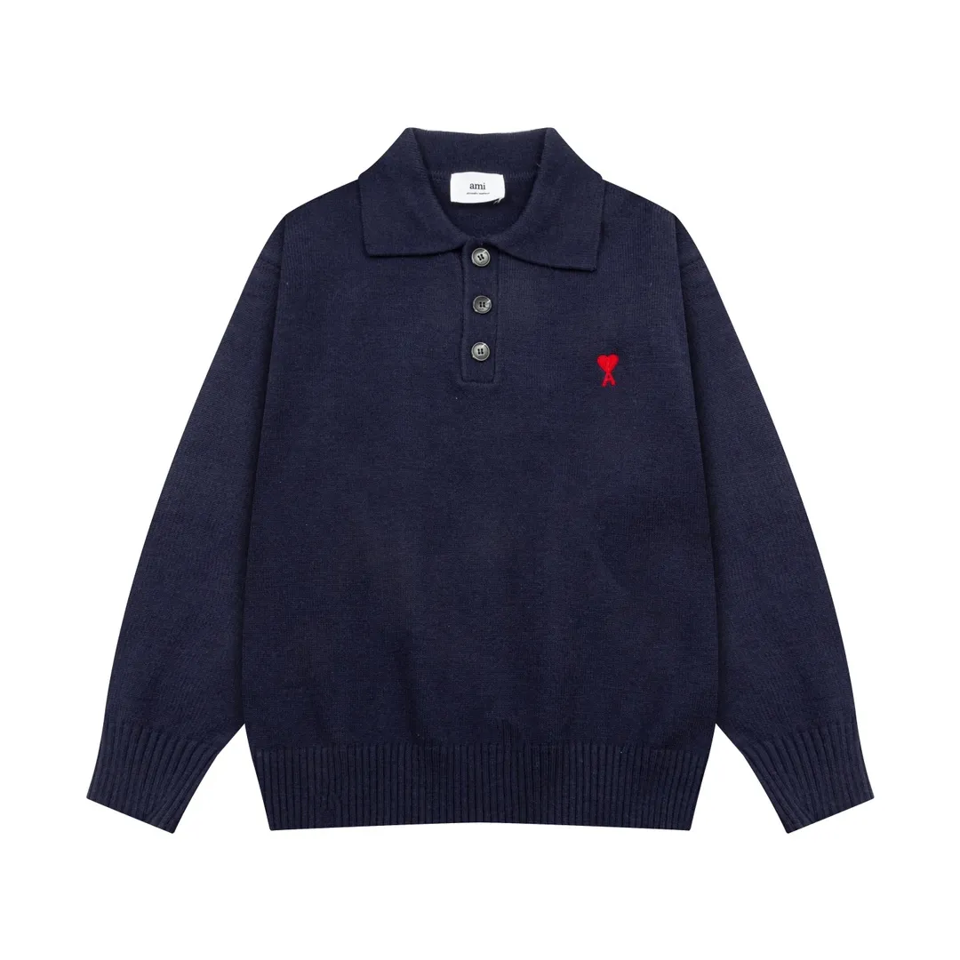 8175# Ami Paris2024 autumn and winter new classic embroidered little love wool Ami De Coeur polo collar pullover sweater Xiao Zhan Cui Yuzhi same style for men and women Color: black white gray apricot Baolan Size S-XL