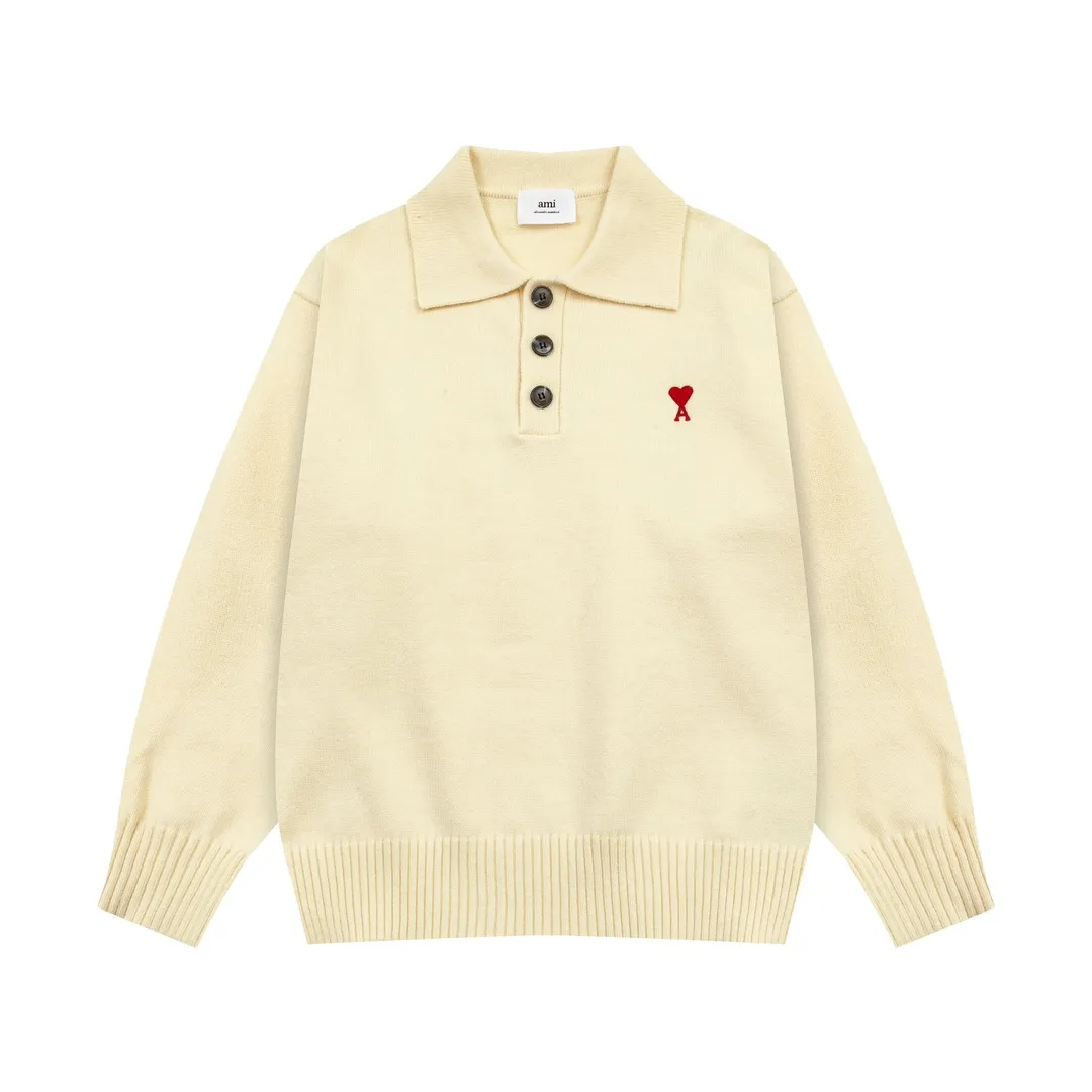 8175# Ami Paris2024 autumn and winter new classic embroidered little love wool Ami De Coeur polo collar pullover sweater Xiao Zhan Cui Yuzhi same style for men and women Color: black white gray apricot Baolan Size S-XL