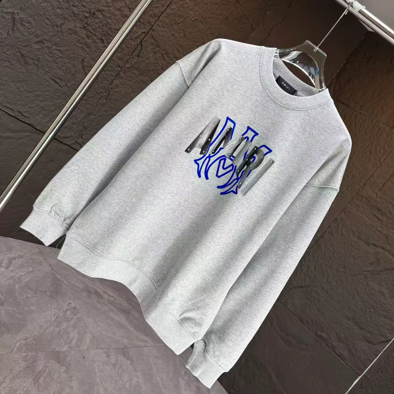 P210 AMIRI* 2025 autumn and winter new round neck sweatshirt 400g terry cotton letter flocking➕3D printing Color: Black White Gray Dark Blue Size: S M L XL XXL