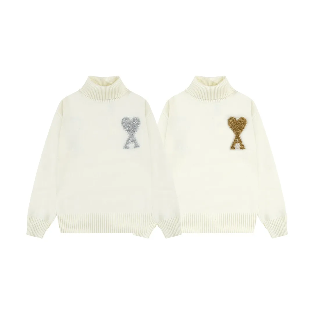 P190 A8149# [Christmas Capsule Series] AMI Paris 2024 new autumn and winter silver big heart alpaca blended soft and waxy knitted turtleneck sweater Oversize version for men and women Color: beige silver heart beige gold heart Size: S-XL