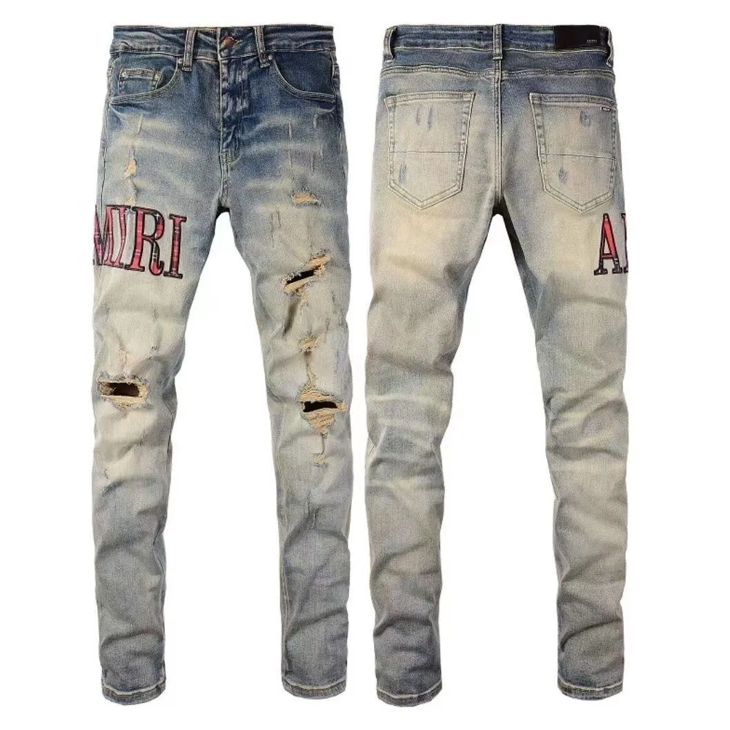 #M49 P168💰 Amiri classic embroidered patched leather distressed lettered jeans. Slim fit jeans. Produced by a major washed factory. Full of high-end feel. Partial destruction of the knees and patchwork design. Already used as a facade design. Leather waist nameplate. The focus of this style is not on the washing, but on the destroyed shape and version. The secret lies in the craftsmanship of the master. The cost of post-processing, grinding, cutting, etc. is far beyond the cost of assembly line products. Color: Picture color Size: 30-32-34-36