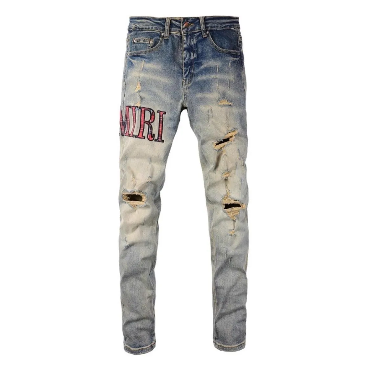 #M49 P168💰 Amiri classic embroidered patched leather distressed lettered jeans. Slim fit jeans. Produced by a major washed factory. Full of high-end feel. Partial destruction of the knees and patchwork design. Already used as a facade design. Leather waist nameplate. The focus of this style is not on the washing, but on the destroyed shape and version. The secret lies in the craftsmanship of the master. The cost of post-processing, grinding, cutting, etc. is far beyond the cost of assembly line products. Color: Picture color Size: 30-32-34-36