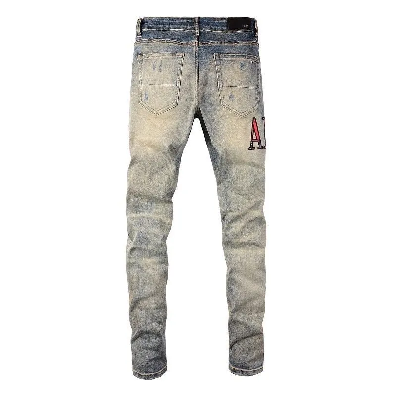 #M49 P168💰 Amiri classic embroidered patched leather distressed lettered jeans. Slim fit jeans. Produced by a major washed factory. Full of high-end feel. Partial destruction of the knees and patchwork design. Already used as a facade design. Leather waist nameplate. The focus of this style is not on the washing, but on the destroyed shape and version. The secret lies in the craftsmanship of the master. The cost of post-processing, grinding, cutting, etc. is far beyond the cost of assembly line products. Color: Picture color Size: 30-32-34-36