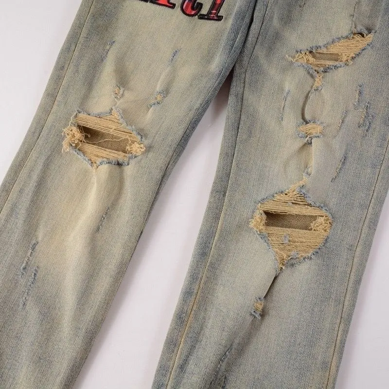 #M49 P168💰 Amiri classic embroidered patched leather distressed lettered jeans. Slim fit jeans. Produced by a major washed factory. Full of high-end feel. Partial destruction of the knees and patchwork design. Already used as a facade design. Leather waist nameplate. The focus of this style is not on the washing, but on the destroyed shape and version. The secret lies in the craftsmanship of the master. The cost of post-processing, grinding, cutting, etc. is far beyond the cost of assembly line products. Color: Picture color Size: 30-32-34-36