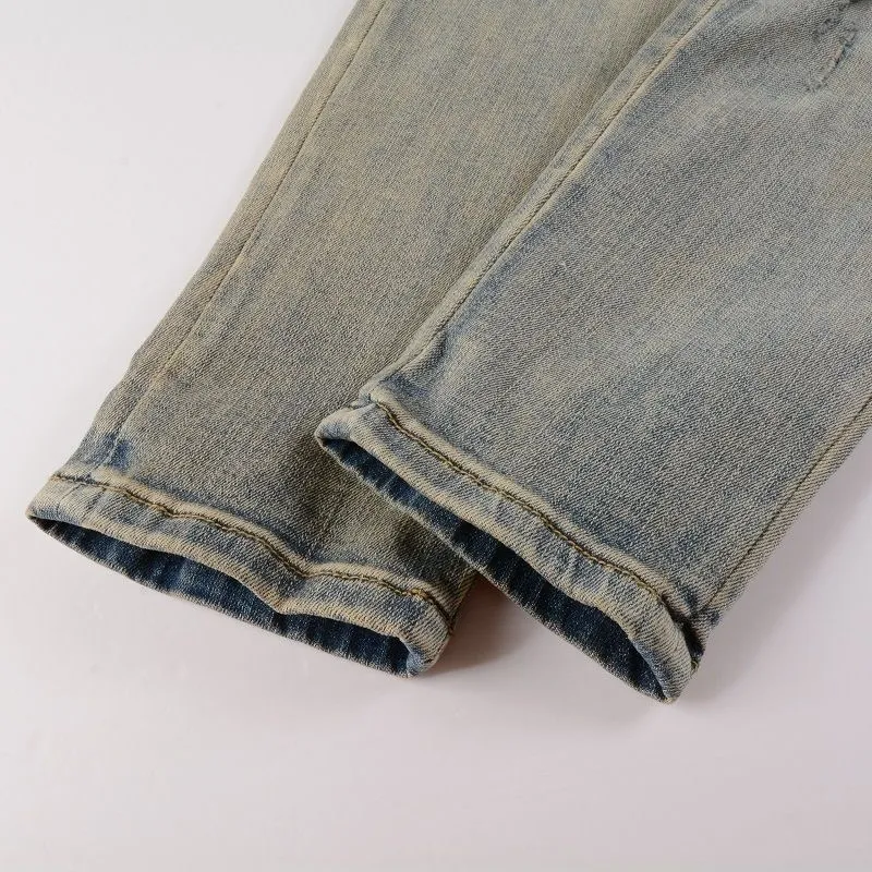 #M49 P168💰 Amiri classic embroidered patched leather distressed lettered jeans. Slim fit jeans. Produced by a major washed factory. Full of high-end feel. Partial destruction of the knees and patchwork design. Already used as a facade design. Leather waist nameplate. The focus of this style is not on the washing, but on the destroyed shape and version. The secret lies in the craftsmanship of the master. The cost of post-processing, grinding, cutting, etc. is far beyond the cost of assembly line products. Color: Picture color Size: 30-32-34-36