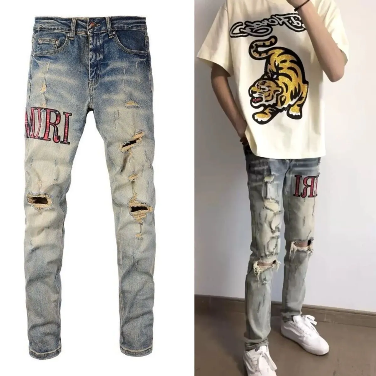 #M49 P168💰 Amiri classic embroidered patched leather distressed lettered jeans. Slim fit jeans. Produced by a major washed factory. Full of high-end feel. Partial destruction of the knees and patchwork design. Already used as a facade design. Leather waist nameplate. The focus of this style is not on the washing, but on the destroyed shape and version. The secret lies in the craftsmanship of the master. The cost of post-processing, grinding, cutting, etc. is far beyond the cost of assembly line products. Color: Picture color Size: 30-32-34-36