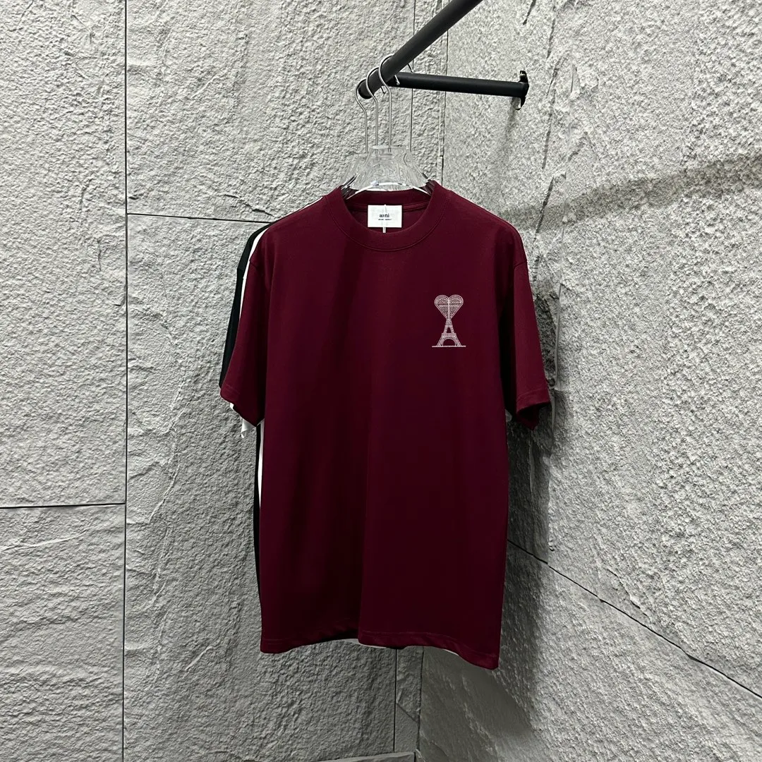🅿️180 Ami* Love Embroidery 2025 Spring and Summer New Love Tower A embroidered letter pattern Customized double yarn plain cotton fabric Short-sleeved T-shirt Uniform for men and women Color: White Angora Red Black Size: S (90-130 catties) M (120-150 catties) L (140-165 catties) XL (160-180 catties) XXL (180-210 pounds)