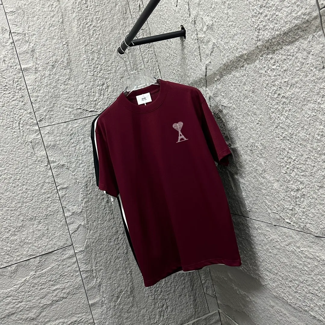 🅿️180 Ami* Love Embroidery 2025 Spring and Summer New Love Tower A embroidered letter pattern Customized double yarn plain cotton fabric Short-sleeved T-shirt Uniform for men and women Color: White Angora Red Black Size: S (90-130 catties) M (120-150 catties) L (140-165 catties) XL (160-180 catties) XXL (180-210 pounds)