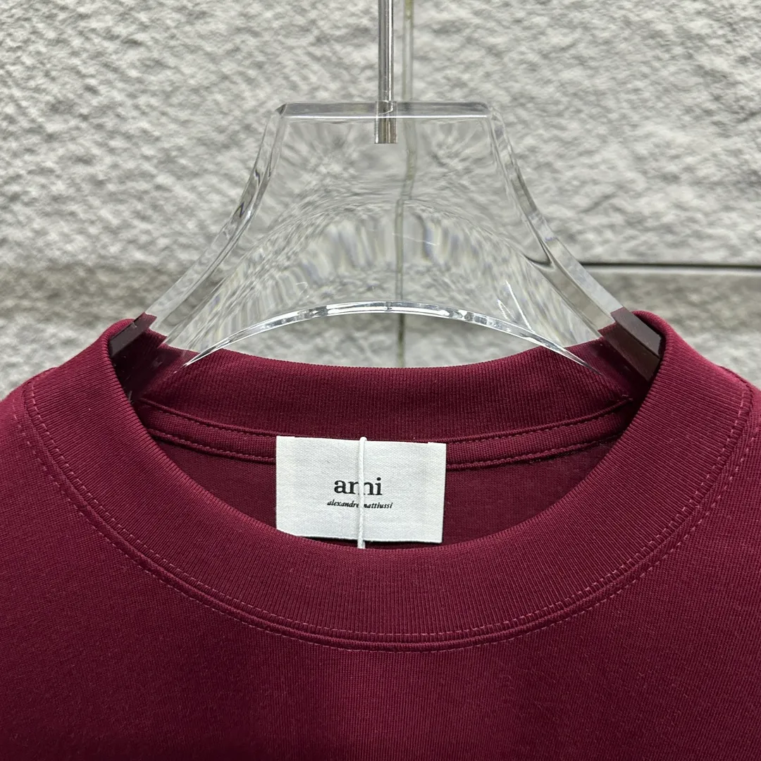 🅿️180 Ami* Love Embroidery 2025 Spring and Summer New Love Tower A embroidered letter pattern Customized double yarn plain cotton fabric Short-sleeved T-shirt Uniform for men and women Color: White Angora Red Black Size: S (90-130 catties) M (120-150 catties) L (140-165 catties) XL (160-180 catties) XXL (180-210 pounds)