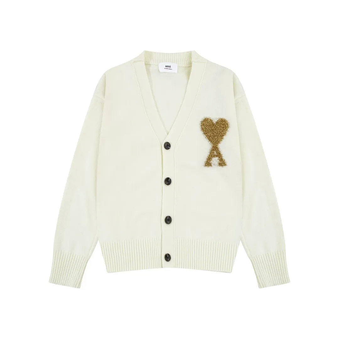 P200 A8148# [Christmas Capsule Series] AMI Paris 2024 Autumn and Winter New Product Silver Big Heart Alpaca Blended Soft and Waxy Cardigan Knitted Sweater Oversize Version Same Style for Men and Women Color: Beige Silver Heart Beige Gold Heart Size: S-XL