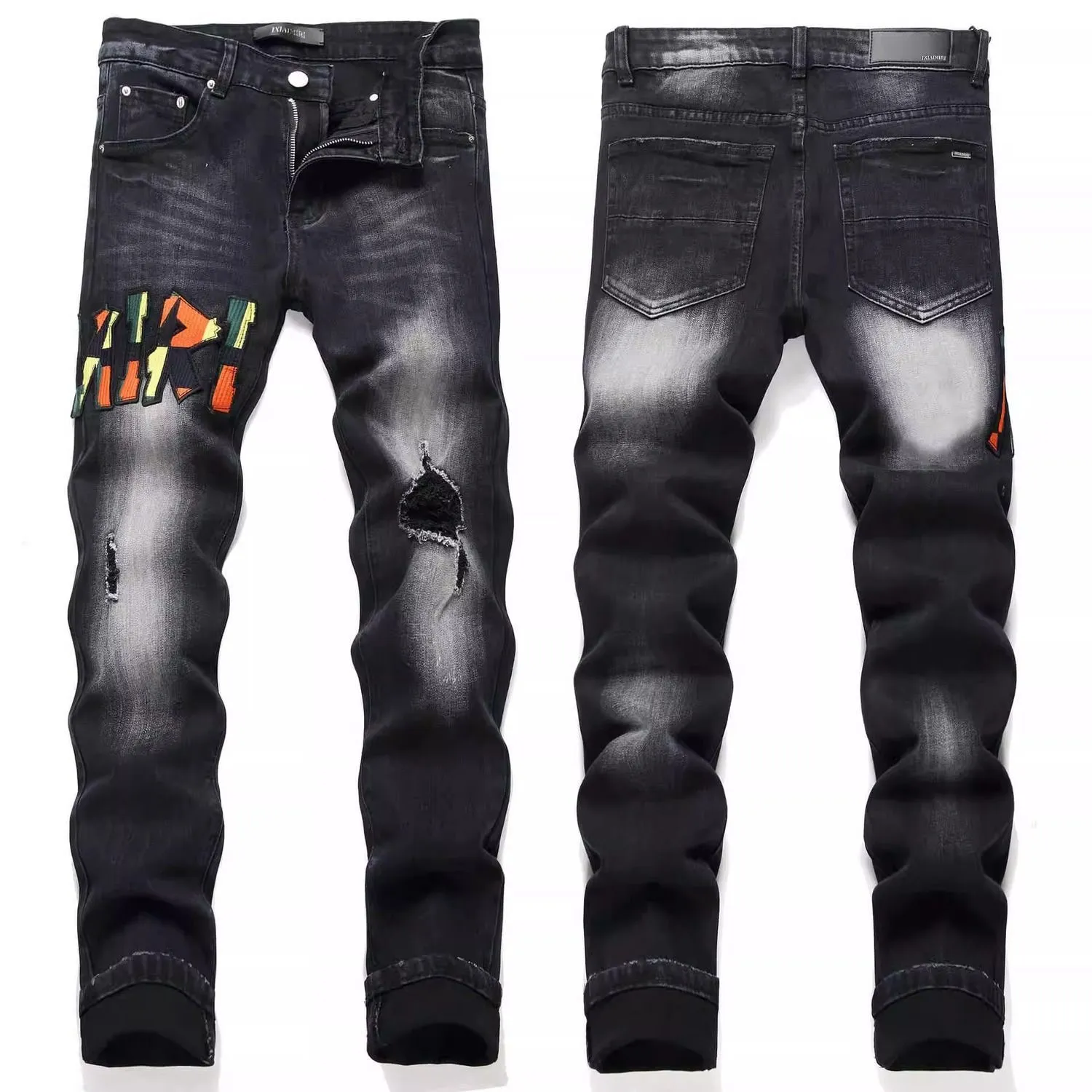 #M62 P168💰 AMIRI patch embroidery jeans trousers AMIRI high street basic ripped tight elastic jeans trousers amiri brand jeans break the production process and cutting of the original jeans, the fabrics are softer and more comfortable Hand-sewn collar label Customized logo buttons Genuine leather tag Color: Picture color Size: 30-32-34-36