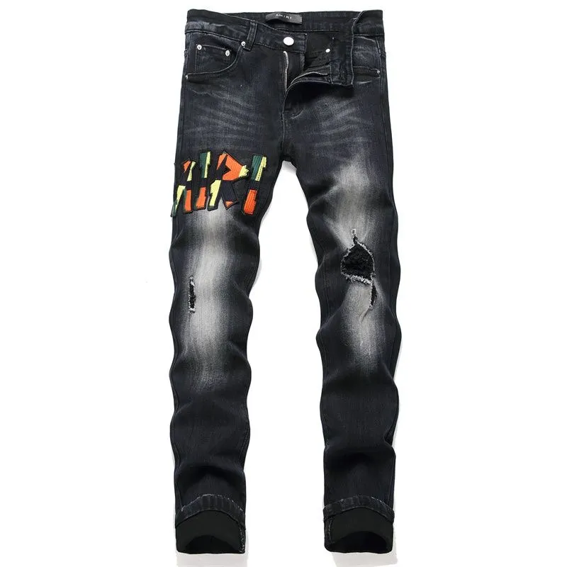 #M62 P168💰 AMIRI patch embroidery jeans trousers AMIRI high street basic ripped tight elastic jeans trousers amiri brand jeans break the production process and cutting of the original jeans, the fabrics are softer and more comfortable Hand-sewn collar label Customized logo buttons Genuine leather tag Color: Picture color Size: 30-32-34-36