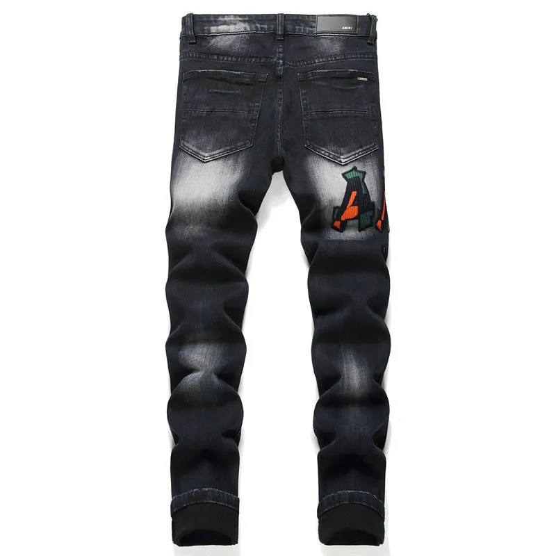#M62 P168💰 AMIRI patch embroidery jeans trousers AMIRI high street basic ripped tight elastic jeans trousers amiri brand jeans break the production process and cutting of the original jeans, the fabrics are softer and more comfortable Hand-sewn collar label Customized logo buttons Genuine leather tag Color: Picture color Size: 30-32-34-36