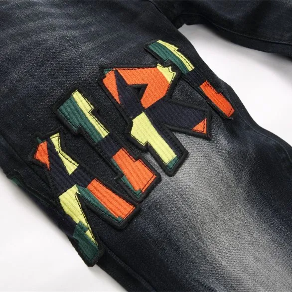 #M62 P168💰 AMIRI patch embroidery jeans trousers AMIRI high street basic ripped tight elastic jeans trousers amiri brand jeans break the production process and cutting of the original jeans, the fabrics are softer and more comfortable Hand-sewn collar label Customized logo buttons Genuine leather tag Color: Picture color Size: 30-32-34-36