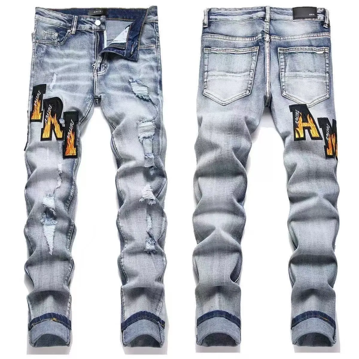 #M72 P168💰 AMIRI patch embroidery jeans trousers AMIRI high street basic ripped tight elastic jeans trousers amiri brand jeans break the production process and cutting of the original jeans, the fabrics are softer and more comfortable Hand-sewn collar label Customized logo buttons Genuine leather tag Color: Picture color Size: 30-32-34-36